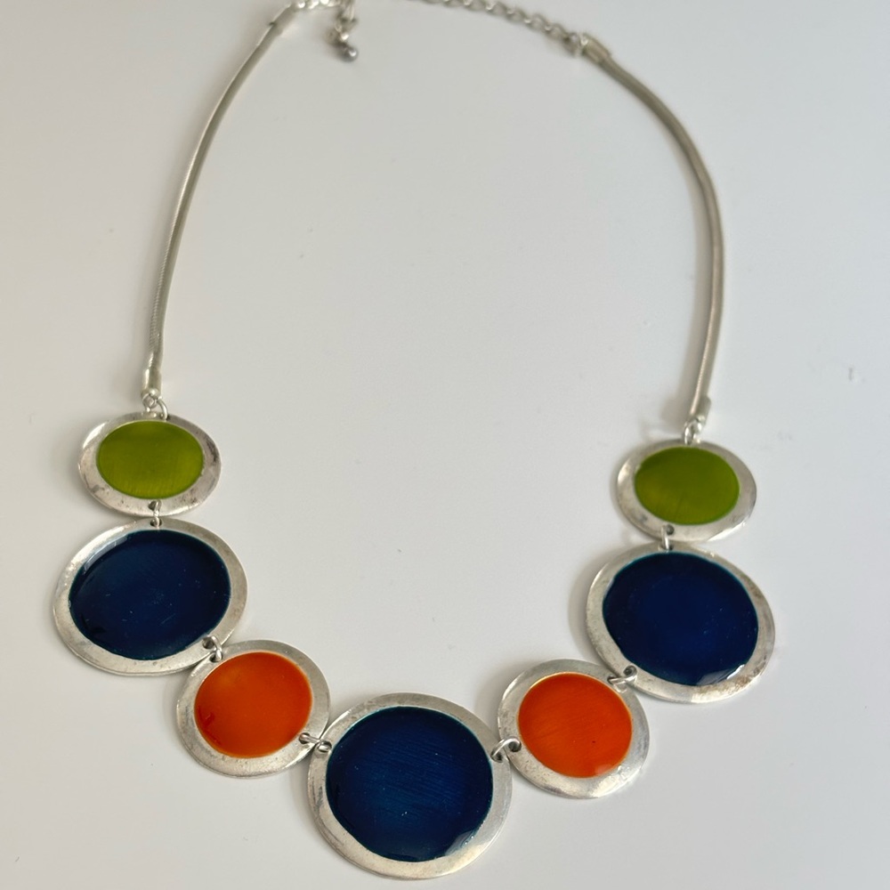 Vintage Silver Necklace with Blue, Orange & Green Accents